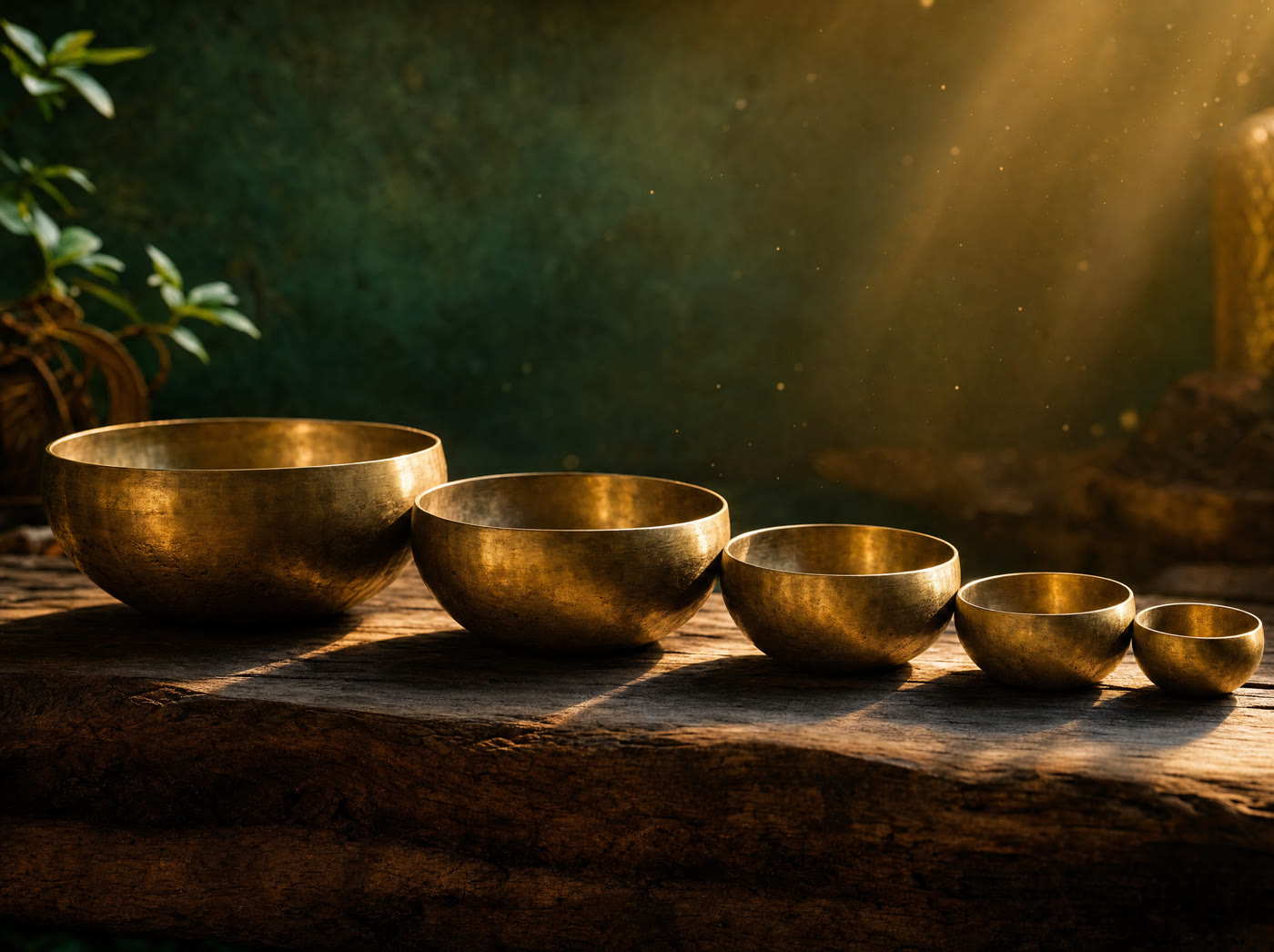 Brass singing bowls glowing in golden light
